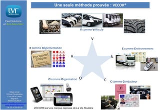 Une seule méthode prouvée : VECOR®
ALVR
Associatio
n
Fleet Solutions
en Eco-Sécurité®
La Vie
Routière

V comme Véhicule

V
J’adhère R comme Réglementation

E comme Environnement

R

O comme Organisation

E

O

Siège social
ZA Les Peupleraies
2 rue de la Levée
Bagneux
49400 SAUMUR
contact.lvrfleet@lavieroutiere.com

www.lavieroutiere.com
Tél: 02 41 59 00 00

VECOR® est une marque déposée de La Vie Routière

C

C comme Conducteur

 