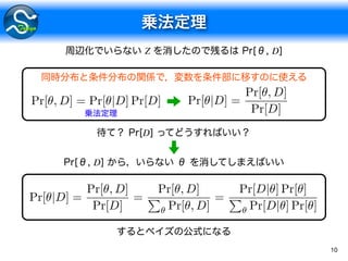 10
Pr[✓, D] = Pr[✓|D] Pr[D] Pr[✓|D] =
Pr[✓, D]
Pr[D]
D
Z D
D
Pr[✓|D] =
Pr[✓, D]
Pr[D]
=
Pr[✓, D]
P
✓ Pr[✓, D]
=
Pr[D|✓] Pr[✓]
P
✓ Pr[D|✓] Pr[✓]
 