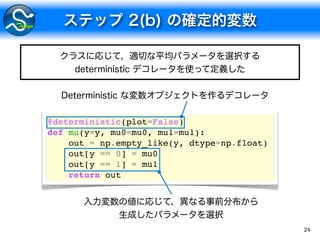 24
@deterministic(plot=False)
def mu(y=y, mu0=mu0, mu1=mu1):
out = np.empty_like(y, dtype=np.float)
out[y == 0] = mu0
out[y == 1] = mu1
return out
 