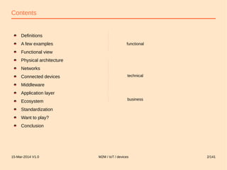 15-Mar-2014 V1.0 M2M / IoT / devices 2/141
Contents
Definitions
A few examples
Functional view
Physical architecture
Netwo...