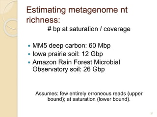 Estimating metagenome nt
richness:
# bp at saturation / coverage
 MM5 deep carbon: 60 Mbp
 Iowa prairie soil: 12 Gbp
 Amazon Rain Forest Microbial
Observatory soil: 26 Gbp
Assumes: few entirely erroneous reads (upper
bound); at saturation (lower bound).
31
 