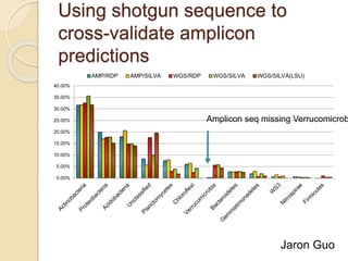 Using shotgun sequence to
cross-validate amplicon
predictions
0.00%
5.00%
10.00%
15.00%
20.00%
25.00%
30.00%
35.00%
40.00%
AMP/RDP AMP/SILVA WGS/RDP WGS/SILVA WGS/SILVA(LSU)
Amplicon seq missing Verrucomicrob
Jaron Guo
 