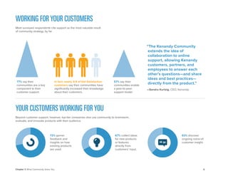 6 
Chapter 1: What Community Gives You 
WORKING FOR YOUR CUSTOMERS 
Most surveyed respondents cite support as the most valuable result 
of community strategy, by far. 
YOUR CUSTOMERS WORKING FOR YOU 
Beyond customer support, however, top-tier companies also use community to brainstorm, evaluate, and innovate products with their audience. 
“The Kenandy Community extends the idea of collaboration to online support, allowing Kenandy customers, partners, and employees to answer each other’s questions—and share ideas and best practices— directly from the product.” 
—Sandra Kurtzig, CEO, Kenandy 
72% garner feedback and insights on how existing products are used. 
In fact, nearly 3/4 of Get Satisfaction customers say their communities have significantly increased their knowledge about their customers. 
63% discover ongoing voice-of- customer insight. 
77% say their communities are a key component to their customer support. 
67% collect ideas for new products or features directly from customers’ input. 
57% say their communities enable a peer-to-peer support model.  