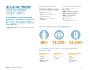 7 
Chapter 1: What Community Gives You 
THE CASE FOR COMMUNITY 
DON’T JUST AIM FOR 
SUCCESS; CREATE IT. 
“Openness and transparency are so important to the customer relationship. There will be issues in any company. 
It’s how you deal with those problems that define you.” 
—Jessica McDouall, Director of Non-Integrated Services at SPS Commerce 
WITHIN 6 MONTHS, SPS COMMERCE SAW: 
BY THE END OF THE FIRST YEAR, ITS COMMUNITY ROI INCLUDED: 
450+ 
78,000+ 
26,000+ 
registered users 
page views 
unique visitors 
SUPPORT TICKET DEFLECTION 
• 28,000 customer contacts 
• 300% more than anticipated 
FASTER PRODUCT INNOVATION 
• 50 customer ideas captured 
INCREASED CUSTOMER ENGAGEMENT 
• 1,200+ community members 
• 71 new members 
per month 
When SPS Commerce decided to complement its traditional channels with an online community, the software supplier set clear goals ahead of time. 
• Expand offered support. 
• Enhance the product innovation 
and feedback cycle. 
• Improve the overall customer experience. 
To accomplish its goals, the company identified and leveraged these 
best practices: 
• Define what success looks like 
• Build an internal training plan 
• Seed the community with 
relevant content 
• Market internally 
• Communicate externally 
 