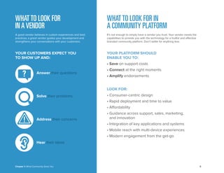 8 
Chapter 1: What Community Gives You 
WHAT TO LOOK FOR 
IN A VENDOR 
A good vendor believes in custom experiences and best practices; a great vendor guides your development and strengthens your conversations with your customers. 
YOUR PLATFORM SHOULD 
ENABLE YOU TO: 
• Save on support costs 
• Connect at the right moments 
• Amplify endorsements 
LOOK FOR: 
• Consumer-centric design 
• Rapid deployment and time to value 
• Affordability 
• Guidance across support, sales, marketing, 
and innovation 
• Integration of key applications and systems 
• Mobile reach with multi-device experiences 
• Modern engagement from the get-go 
WHAT TO LOOK FOR IN 
A COMMUNITY PLATFORM 
It’s not enough to simply have a vendor you trust. Your vendor needs the capabilities to provide you with the technology for a fruitful and effective branded community platform. Don’t settle for anything less. 
YOUR CUSTOMERS EXPECT YOU 
TO SHOW UP AND: 
Answer their questions 
Address their concerns 
Solve their problems 
Hear their ideas 
? 
! 
 