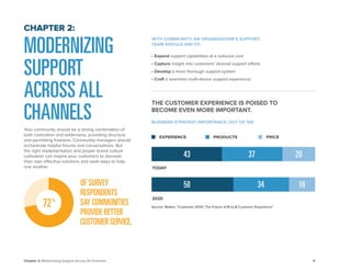 9 
Chapter 2: Modernizing Support Across All Channels 
OF SURVEY RESPONDENTS SAY COMMUNITIES PROVIDE BETTER CUSTOMER SERVICE. 
72 
% 
MODERNIZING SUPPORT ACROSS ALL CHANNELS 
Your community should be a strong combination of both civilization and wilderness, providing structure and permitting freedom. Community managers should orchestrate helpful forums and conversations. But the right implementation and proper brand culture cultivation can inspire your customers to discover 
their own effective solutions and seek ways to help one another. 
CHAPTER 2: 
WITH COMMUNITY, AN ORGANIZATION’S SUPPORT TEAM SHOULD AIM TO: 
• Expand support capabilities at a reduced cost 
• Capture insight into customers’ desired support efforts 
• Develop a more thorough support system 
• Craft a seamless multi-device support experience 
THE CUSTOMER EXPERIENCE IS POISED TO BECOME EVEN MORE IMPORTANT. 
EXPERIENCE 
PRODUCTS 
PRICE 
TODAY 
43 
37 
20 
2020 
50 
34 
16 
Source: Walker, “Customer 2020: The Future of B-to-B Customer Experience” 
BUSINESS STRATEGY IMPORTANCE, OUT OF 100  