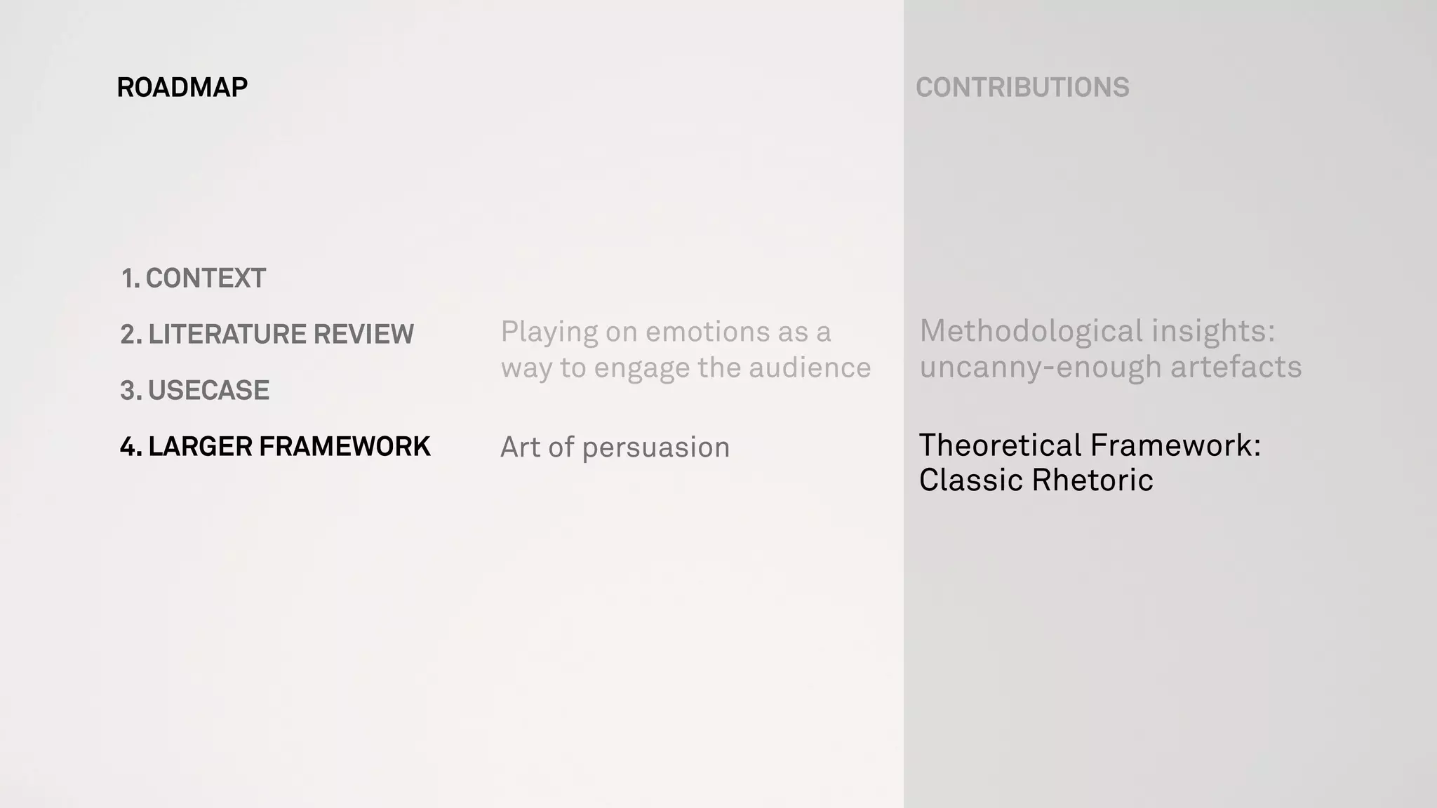 ROADMAP
1. CONTEXT
2. LITERATURE REVIEW
3. USECASE
4. LARGER FRAMEWORK
Methodological insights:
uncanny-enough artefacts
Theoretical Framework:
Classic Rhetoric
Playing on emotions as a
way to engage the audience
Art of persuasion
CONTRIBUTIONS
 