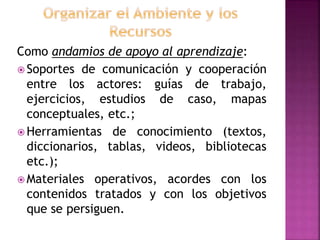 Como andamios de apoyo al aprendizaje:
 Soportes de comunicación y cooperación
entre los actores: guías de trabajo,
ejercicios, estudios de caso, mapas
conceptuales, etc.;
 Herramientas de conocimiento (textos,
diccionarios, tablas, videos, bibliotecas
etc.);
 Materiales operativos, acordes con los
contenidos tratados y con los objetivos
que se persiguen.
 