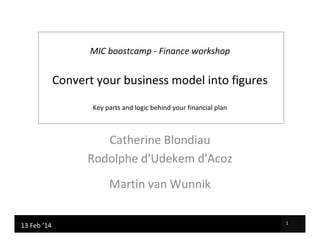 MIC boostcamp - Finance workshop

Convert your business model into figures
Key parts and logic behind your financial plan

Catherine Blondiau
Rodolphe d'Udekem d'Acoz
Martin van Wunnik
17/04/2012
07/02/2012
13 Feb ’14

Xavier Corman | Martin van Wunnik

1

 