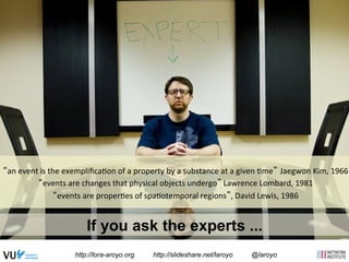 “an 
event 
is 
the 
exemplifica;on 
of 
a 
property 
by 
a 
substance 
at 
a 
given 
;me” Jaegwon 
Kim, 
1966 
“events 
are 
changes 
that 
physical 
objects 
undergo” 
Lawrence 
Lombard, 
1981 
“events 
are 
proper;es 
of 
spa;otemporal 
regions”, 
David 
Lewis, 
1986 
under30ceo.com 
If you ask the experts ... 
http://lora-aroyo.org http://slideshare.net/laroyo @laroyo 
 