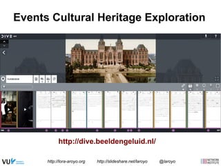 Events Cultural Heritage Exploration 
http://dive.beeldengeluid.nl/ 
http://lora-aroyo.org http://slideshare.net/laroyo @laroyo 
 