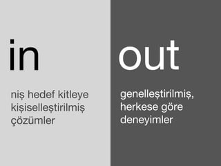 in out 
niş hedef kitleye 
kişiselleştirilmiş 
çözümler 
genelleştirilmiş, 
herkese göre 
deneyimler 
 