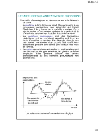 20-Oct-14
40
LES METHODES QUANTITATIVES DE PREVISIONS
Une série chronologique se décompose en trois éléments
de base:
• la tendance à long terme ou trend. Elle correspond à un
mouvement conjoncturel non saisonnier qui traduit
l'évolution à long terme de la variable mesurée. On y
ajoute parfois un mouvement cyclique de la périodicité et
d'amplitude variables qui fluctuent autour de ce trend.
• les variations saisonnières sont des fluctuations
périodiques qui se produisent régulièrement tous les
mois, trimestres ou années. Par exemple, dans le cas
des ventes mensuelles d'un produit, des coefficients
saisonniers peuvent être définis pour chacun des mois
de l'année.
• Les aléas ou variations résiduelles ou accidentelles sont
des fluctuations de type aléatoires, en général de faible
amplitude. Elles peuvent traduire des ventes
exceptionnelles ou des éléments perturbateurs non
permanents.
Les trois composantes d'une série chronologique
Tendance à
long terme
Composante
saisonnière
périodique
Ventes
réeles
temps
amplitudes des
observations
 