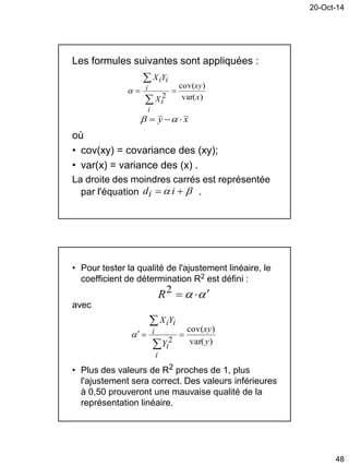 20-Oct-14
48
Les formules suivantes sont appliquées :
où
• cov(xy) = covariance des (xy);
• var(x) = variance des (x) .
La droite des moindres carrés est représentée
par l'équation .
)var(
)cov(
2 x
xy
X
YX
i
i
i
ii




xy  
  idi
• Pour tester la qualité de l'ajustement linéaire, le
coefficient de détermination R2 est défini :
avec
• Plus des valeurs de R2 proches de 1, plus
l'ajustement sera correct. Des valeurs inférieures
à 0,50 prouveront une mauvaise qualité de la
représentation linéaire.
 2R
)var(
)cov(
2 y
xy
Y
YX
i
i
i
ii




 