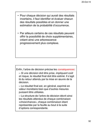 20-Oct-14
92
• Pour chaque décision qui aurait des résultats
incertains, il faut identifier et évaluer chacun
des résultats possibles et en donner une
estimation de la probabilité d’occurrence.
• Par ailleurs certains de ces résultats peuvent
offrir la possibilité de choix supplémentaires,
créant ainsi une arborescence
progressivement plus complexe.
Enfin, l’arbre de décision précise les conséquences:
– Si une décision doit être prise, impliquant coût
et risque, le résultat final doit être estimé. Il s’agit
là du retour attendu par la mise en œuvre de la
décision.
– Le résultat final est, en général, exprimé en
valeur monétaire bien que d’autres mesures
puissent être utilisées.
– La structure de l’arbre de décision décrit ainsi
les résultats attendus de chaque combinaison
«choix/chance», chaque combinaison étant
représentée par la feuille au bout à la suite
d’options correspondante.
 