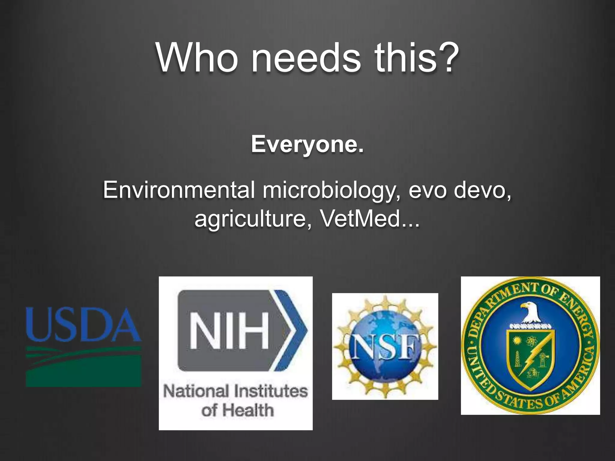Who needs this?
Everyone.
Environmental microbiology, evo devo,
agriculture, VetMed...
 