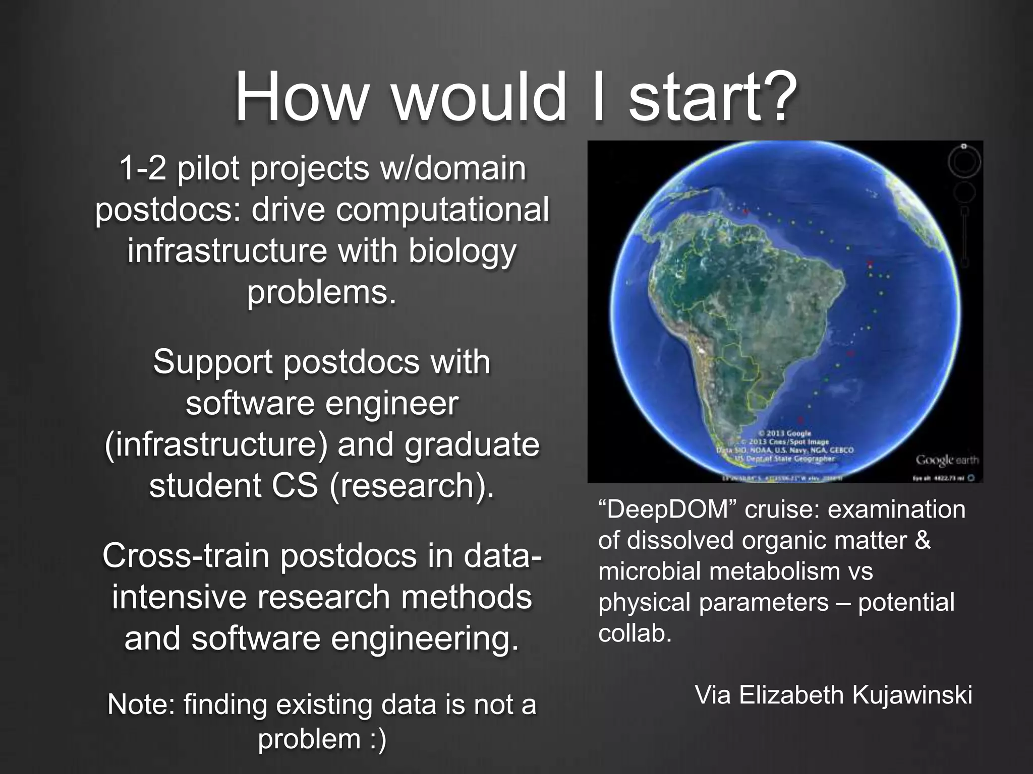 How would I start?
1-2 pilot projects w/domain
postdocs: drive computational
infrastructure with biology
problems.
Support postdocs with
software engineer
(infrastructure) and graduate
student CS (research).
Cross-train postdocs in data-
intensive research methods
and software engineering.
Note: finding existing data is not a
problem :)
“DeepDOM” cruise: examination
of dissolved organic matter &
microbial metabolism vs
physical parameters – potential
collab.
Via Elizabeth Kujawinski
 