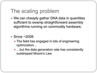The scaling problem
 We can cheaply gather DNA data in quantities

sufficient to swamp straightforward assembly
algorithms running on commodity hardware.
 Since ~2008:
 The field has engaged in lots of engineering

optimization…
 …but the data generation rate has consistently
outstripped Moore’s Law.

 