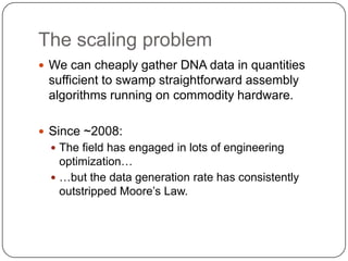 The scaling problem
 We can cheaply gather DNA data in quantities

sufficient to swamp straightforward assembly
algorithm...
