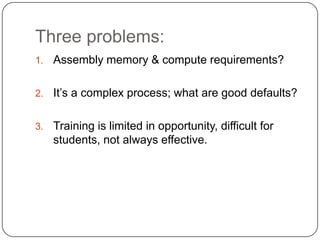Three problems:
1.

Assembly memory & compute requirements?

2.

It’s a complex process; what are good defaults?

3.

Training is limited in opportunity, difficult for
students, not always effective.

 