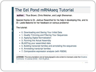 “Eel Pond” mRNAseq protocol
Adapter trim &
quality ﬁlter
Group transcripts

EBSeq
(Differential
expression
analysis)

Digi...