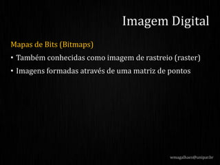 Mapas de Bits (Bitmaps)
• Também conhecidas como imagem de rastreio (raster)
• Imagens formadas através de uma matriz de pontos
wmagalhaes@unipar.br
Imagem Digital
 