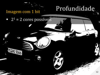 12
Imagem com 1 bit
 21 = 2 cores possíveis
Profundidade
 