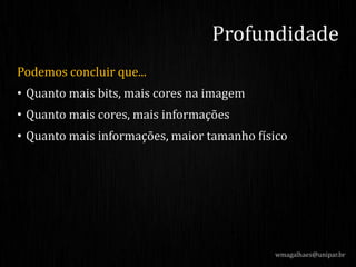 Podemos concluir que...
• Quanto mais bits, mais cores na imagem
• Quanto mais cores, mais informações
• Quanto mais informações, maior tamanho físico
wmagalhaes@unipar.br
Profundidade
 