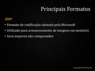 .BMP
• Formato de codificação adotado pela Microsoft
• Utilizado para armazenamento de imagens em memória
• Gera arquivos não compactados
Principais Formatos
wmagalhaes@unipar.br
 