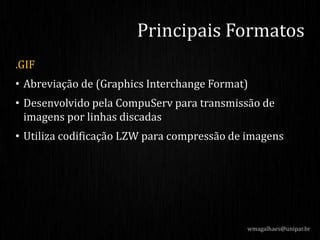 .GIF
• Abreviação de (Graphics Interchange Format)
• Desenvolvido pela CompuServ para transmissão de
imagens por linhas discadas
• Utiliza codificação LZW para compressão de imagens
Principais Formatos
wmagalhaes@unipar.br
 