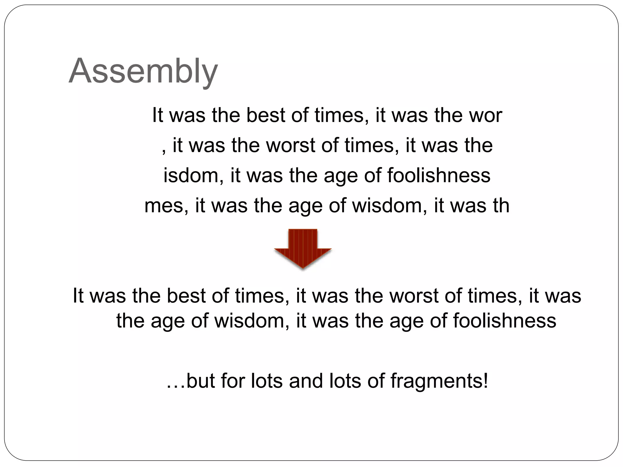 Assembly
It was the best of times, it was the wor
, it was the worst of times, it was the
isdom, it was the age of foolishness
mes, it was the age of wisdom, it was th
It was the best of times, it was the worst of times, it was
the age of wisdom, it was the age of foolishness
…but for lots and lots of fragments!
 