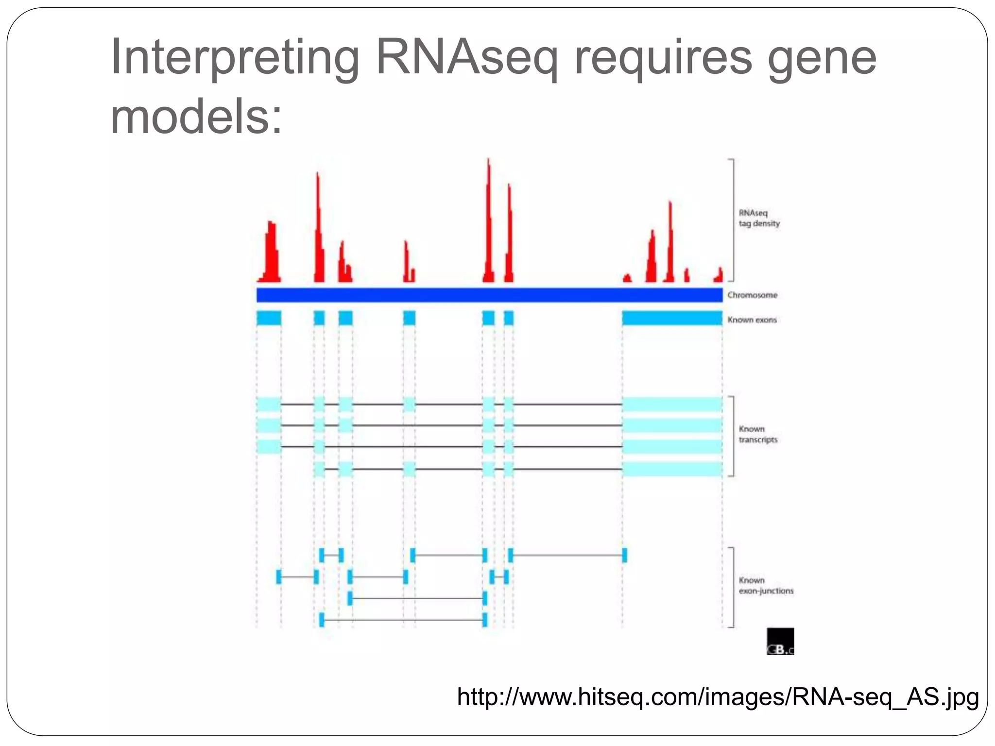 Interpreting RNAseq requires gene
models:
http://www.hitseq.com/images/RNA-seq_AS.jpg
 