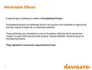 3
A special type of attribute is called a Foundational Factor.
Foundational factors are attributes that do not provide much potential or opportunity
but they impose a large risk, or downside potential.
These attributes are considered a core or foundation attribute which consumers
“expect” as part of the services they receive. Special attention should be given to
foundational factors.
They represent a consumer requirement of care.
Attributable Effects
 