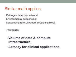 Similar math applies: 
• Pathogen detection in blood; 
• Environmental sequencing; 
• Sequencing rare DNA from circulating blood. 
• Two issues: 
•Volume of data & compute 
infrastructure; 
• Latency for clinical applications. 
 