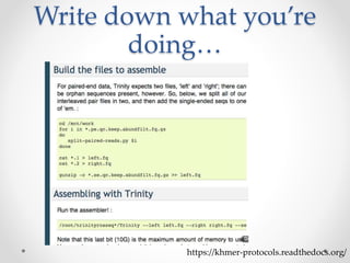Write down what you’re 
doing… 
https://khmer-protocols.readthedocs.org/ 
 