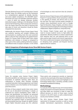 5 
Thematic Working Group on ICT and Education. Several 
Member States are already trying out the framework 
as a comprehensive approach to identify, describe, 
and assess digital competence. The DIGCOMP report2 
illuminates the issues and identifies potential solutions 
— some of which are already underway. Another 
distinctly European challenge is the blending of formal 
and non-formal learning, which conveys the consensus 
from the Expert Panel that the kinds of learning that 
take place at home and elsewhere should be better 
integrated into classrooms. 
Additionally, the Horizon Project Europe Expert Panel 
saw authentic learning and complex thinking and 
communication as needing more time and concerted 
efforts to flourish than indicated by the global Horizon 
Project K-12 group. Both of these topics have unique 
definitions and contexts in Europe as compared to 
other parts of the world, justifying distinctive analyses 
and different kinds of project examples. In the United 
of technologies as more near-term than do schools in 
general. 
Both the Horizon Project Europe and the global Horizon 
Project K-12 groups believe cloud computing is already 
in the agenda of schools, and will be more so over 
the next year. The many concrete project examples of 
schools using cloud-based services such as Google 
Apps for Education, Skype, Dropbox, and others show a 
movement toward leveraging this technology to bolster 
collaboration, digital competence, and productivity. 
The Horizon Project Europe panel saw recurring 
need to increase students’ access to high-calibre lab 
equipment, allowing students to conduct experiments 
from wherever they are, and exposing them to real 
data used by major research and science organisations. 
This choice underscores European school leaders’ focus 
on designing more authentic and frequent learning 
opportunities for students. 
Introduction 
NMC Horizon Report 
2014 Global K-12 Edition 
Horizon Report Europe 
2014 Schools Edition 
NMC Horizon Report 
2014 Global Higher Ed Edition 
Time-to-Adoption Horizon: One Year or Less 
Bring Your Own Device (BYOD) 
Cloud Computing 
Cloud Computing 
Tablet Computing 
Flipped Classroom 
Learning Analytics 
Time-to-Adoption Horizon: Two to Three Years 
Games and Gamification 
Learning Analytics 
Games and Gamification 
Mobile Learning 
3D Printing 
Games and Gamification 
Time-to-Adoption Horizon: Four to Five Years 
The Internet of Things 
Wearable Technology 
Personalised Learning 
Virtual and Remote Laboratories 
Quantified Self 
Virtual Assistants 
Table 3: Comparison of Technologies Across Three NMC Horizon Projects 
States, for example, some Horizon Project Higher 
Education panellists see makerspaces as a fundamental 
incarnation of authentic learning; while there are 
makerspaces in Europe, other activities, including 
vocational education training programmes and citizen 
science initiatives are at the forefront of the European 
panel discussions. 
All three of these projects’ panels share some visions 
for the use of educational technology in schools, as 
evidenced by several overlapping topics (Table 3). 
Games and gamification, for example, are perceived 
to be important developments that are two to three 
years away from widespread use. The three panels also 
recognise the potential impact of learning analytics 
and personalised learning, though the global Horizon 
Project Higher Education group sees this collection 
These points and comparisons provide an important 
context for the main body of the report that follows this 
summary. Its three major sections each highlight six rich 
technology-related topics, providing carefully curated 
examples and additional readings. 
Methodology 
To create the Horizon Report Europe: 2014 Schools Edition, 
a body of 53 experts in European education, technology, 
and other fields was convened in order to make the 
difficult decisions on which of those topics merited 
inclusion in the 2014 report, as well as determining if 
any key areas had been omitted. 
The 2014 Horizon Project Europe Expert Panel 
represented 22 European countries, as well as several 
notable international organisations, including the 
 