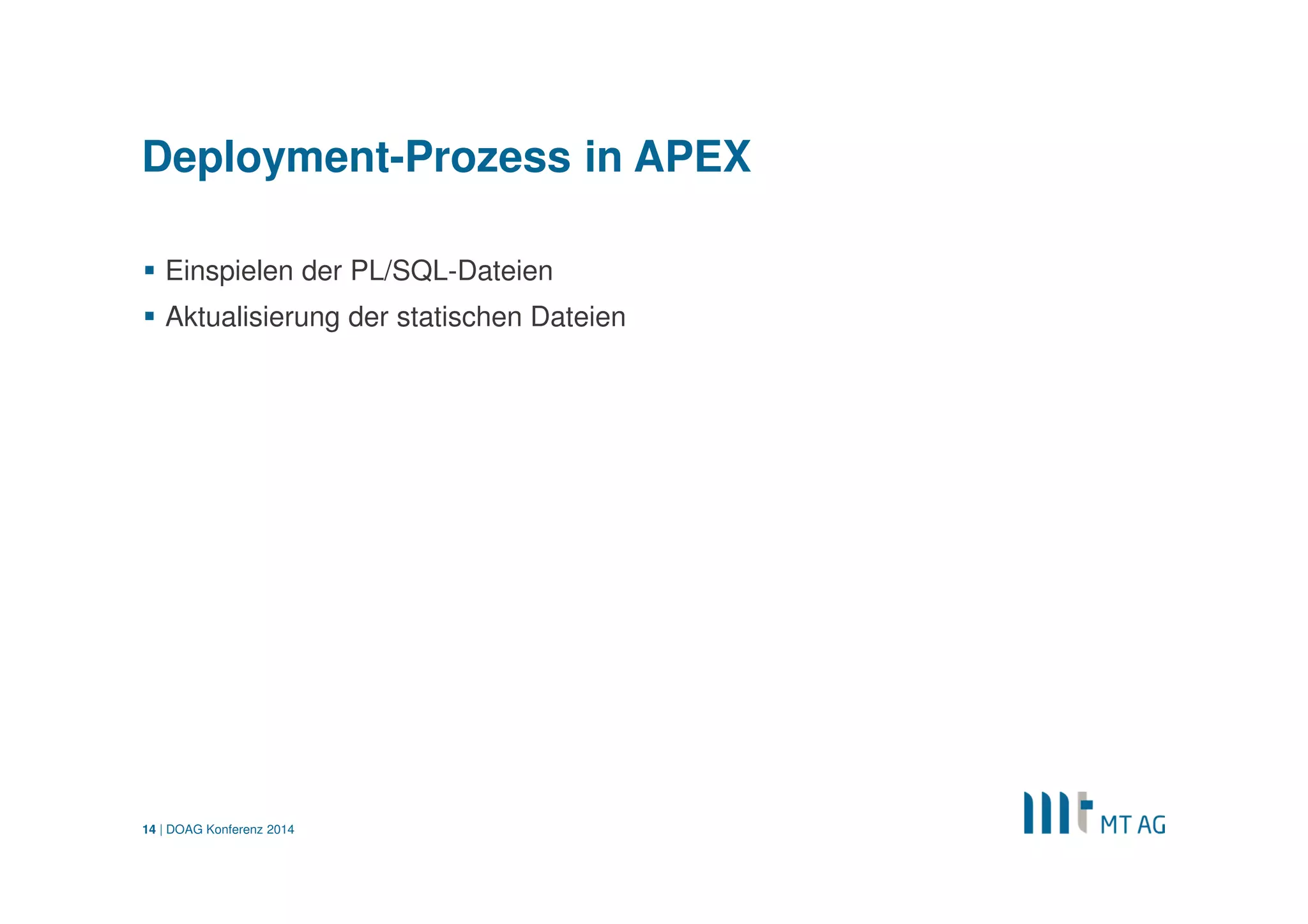 | 
Gradle build-Skript 
task compress << { 
ant.taskdef(name: 'jscomp', classname: 'com.google.javascript.jscomp.ant.CompileTask', classpath: configurations.closureCompiler.asPath) 
ant.jscomp(compilationLevel: "simple", warning: "verbose", debug: "false", output: "$buildDir/output.js") { 
sources(dir: "$projectDir/js", files: "file1.js file2.js") 
} 
} 
DOAG Konferenz 2014 
14 
Ant-Task Aufruf  