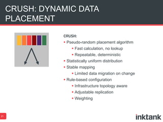 CRUSH: DYNAMIC DATA
PLACEMENT
21
CRUSH:
 Pseudo-random placement algorithm
 Fast calculation, no lookup
 Repeatable, deterministic
 Statistically uniform distribution
 Stable mapping
 Limited data migration on change
 Rule-based configuration
 Infrastructure topology aware
 Adjustable replication
 Weighting
 