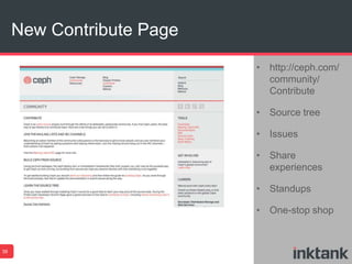 New Contribute Page
39
• http://ceph.com/
community/
Contribute
• Source tree
• Issues
• Share
experiences
• Standups
• One-stop shop
 