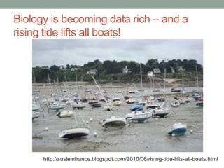 Biology is becoming data rich – and a 
rising tide lifts all boats! 
http://susieinfrance.blogspot.com/2010/06/rising-tide-lifts-all-boats.html 
 