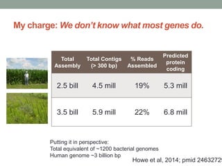 My charge: We don’t know what most genes do. 
Total 
Assembly 
Total Contigs 
(> 300 bp) 
% Reads 
Assembled 
Putting it in perspective: 
Total equivalent of ~1200 bacterial genomes 
Human genome ~3 billion bp 
Predicted 
protein 
coding 
2.5 bill 4.5 mill 19% 5.3 mill 
3.5 bill 5.9 mill 22% 6.8 mill 
Howe et al, 2014; pmid 24632729 
 