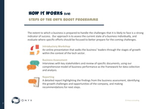 © Onyx Consulting
7
HOW IT WORKS (1/2)
Steps of the Onyx Boost Programme
The extent to which a business is prepared to handle the challenges that it is likely to face is a strong
indicator of success. Our approach is to assess the current state of a business individually, and
evaluate where specific efforts should be focused to better prepare for the coming challenges.
Introductory Workshop
An online presentation that walks the business’ leaders through the stages of growth
within the context of the tech sector.
Business Assessment
Interviews with key stakeholders and review of specific documents, using our
comprehensive model of business performance as the framework for data collection
and analysis.
Reporting
A detailed report highlighting the findings from the business assessment, identifying
the growth challenges and opportunities of the company, and making
recommendations for next steps.
 