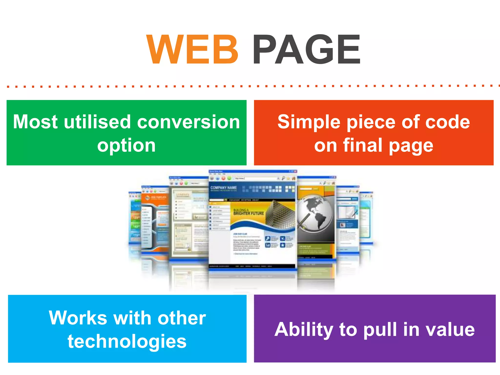 WEB PAGE
Most utilised conversion
option

Simple piece of code
on final page

Works with other
technologies

Ability to pull in value

 