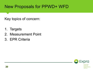 New Proposals for PPWD+ WFD 
Key topics of concern: 
1. Targets 
2. Measurement Point 
3. EPR Criteria 
20 
 