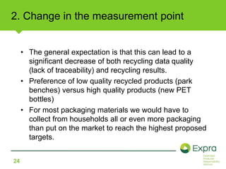 2. Change in the measurement point 
24 
• The general expectation is that this can lead to a 
significant decrease of both recycling data quality 
(lack of traceability) and recycling results. 
• Preference of low quality recycled products (park 
benches) versus high quality products (new PET 
bottles) 
• For most packaging materials we would have to 
collect from households all or even more packaging 
than put on the market to reach the highest proposed 
targets. 
 