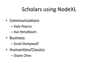 Scholars using NodeXL
• Communications
– Katy Pearce
– Itai Himelboim
• Business
– Scott Dempwolf
• Humanities/Classics
– Diane Cline
 