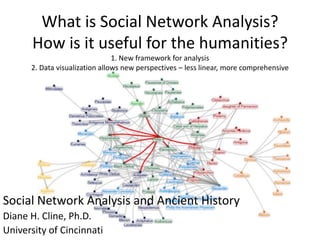 What is Social Network Analysis?
How is it useful for the humanities?
1. New framework for analysis
2. Data visualization allows new perspectives – less linear, more comprehensive
Social Network Analysis and Ancient History
Diane H. Cline, Ph.D.
University of Cincinnati
 