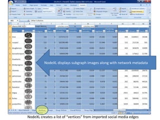 NodeXL creates a list of “vertices” from imported social media edges
NodeXL displays subgraph images along with network metadata
 