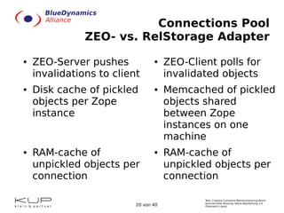 Text: Creative Commons Namensnennung-Keine
kommerzielle Nutzung- Keine Bearbeitung 3.0
Österreich Lizenz.20 von 40
Connections Pool
ZEO- vs. RelStorage Adapter
● ZEO-Server pushes
invalidations to client
● Disk cache of pickled
objects per Zope
instance
● RAM-cache of
unpickled objects per
connection
● ZEO-Client polls for
invalidated objects
● Memcached of pickled
objects shared
between Zope
instances on one
machine
● RAM-cache of
unpickled objects per
connection
 
