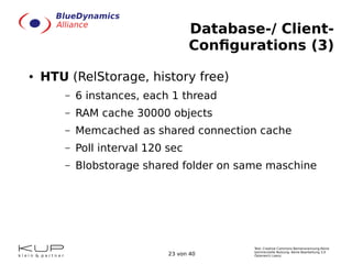 Text: Creative Commons Namensnennung-Keine
kommerzielle Nutzung- Keine Bearbeitung 3.0
Österreich Lizenz.23 von 40
Database-/ Client-
Configurations (3)
● HTU (RelStorage, history free)
– 6 instances, each 1 thread
– RAM cache 30000 objects
– Memcached as shared connection cache
– Poll interval 120 sec
– Blobstorage shared folder on same maschine
 